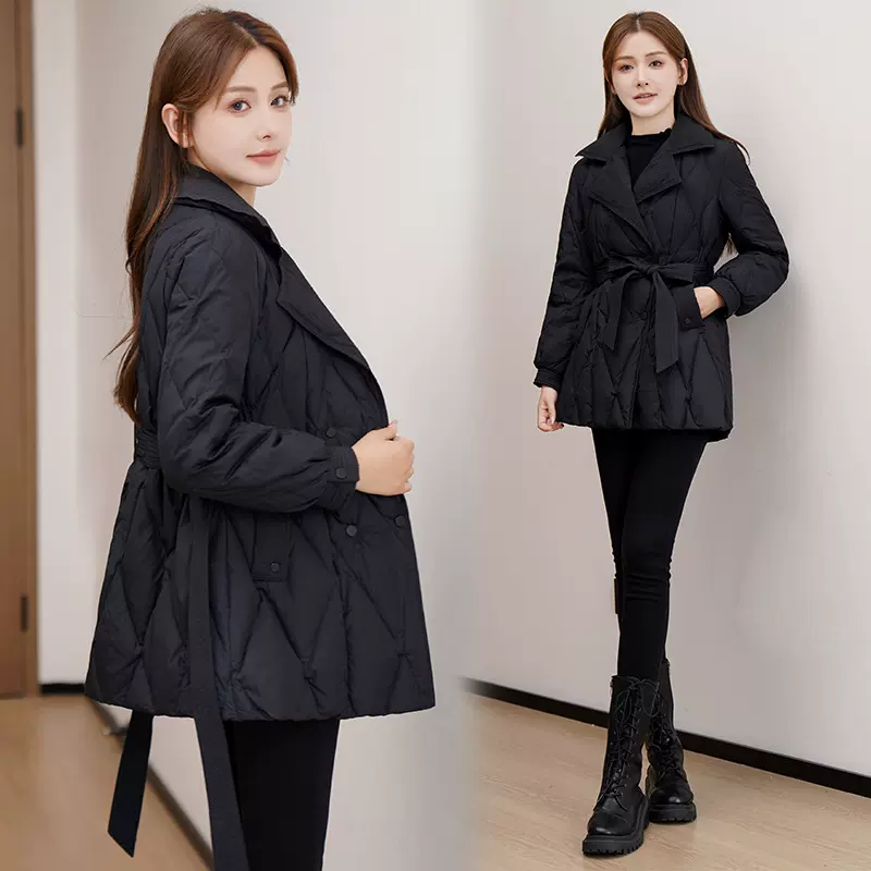棉服女中长黑色2025冬季新款系带收腰修身显瘦小个子外套菱形棉衣