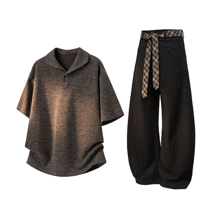 Plus-Size American Old Money Style Casual Suit for Men, New Summer Vintage Cool Lapel Short-Sleeve T-Shirt Set for Men