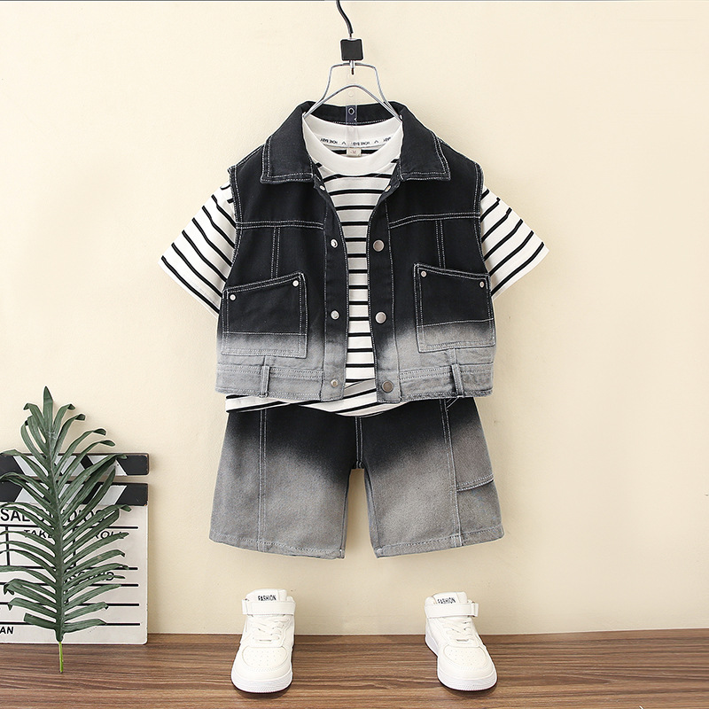 7380 traje de camisa de manga corta de tres piezas de mezclilla de verano para niños 2025 nuevo vestido de verano para bebés ropa de estilo occidental image 7