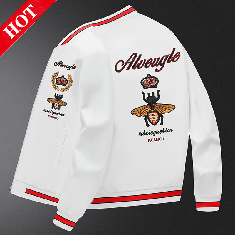 European Station Trendy Brand Jacket Men's White Baseball Uniform Little Bee Embroider Korean Style Casual Bomber Jacket Men's Clothing European Station Trendy Brand Jacket Men's White Baseball Uniform Little Bee Embroider Korean Style Casual Bomber Jacket Men's Clothing