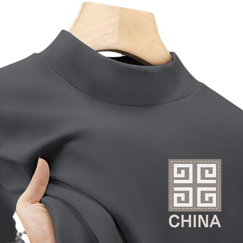 Men's Semi-High Collar Base Shirt with Fleece and Thick Warm Innerwear, Mid Collar Long-Sleeve T-Shirt for Autumn and Winter