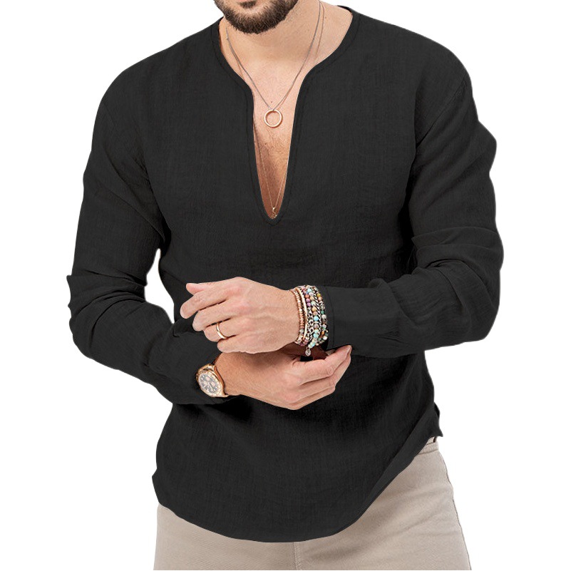 Comercio exterior europeo y americano 2023 hombres primavera y verano más tamaño casual tropical algodón y lino profundo cuello en V color sólido más tamaño manga larga Camiseta camisa