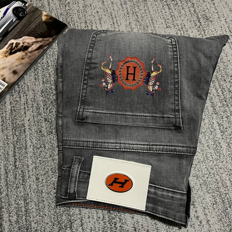 European Station High-end Light Luxury Jeans Men's 2022 Spring and Summer Slim-fit Straight Stretch Casual Thin Pants