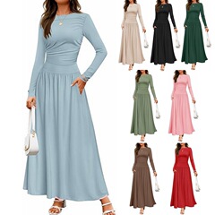 2025 ヨーロッパとアメリカの貿易クロスボーダー婦人服アマゾンラウンドネックプリーツポケットスリム長袖ニットドレス