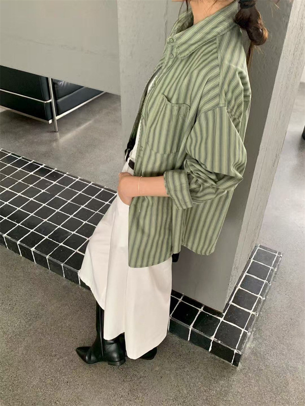 2025秋款衬衫女条纹宽松休闲韩版学院风衬衣显瘦慵懒衬衫上衣外套|undefined