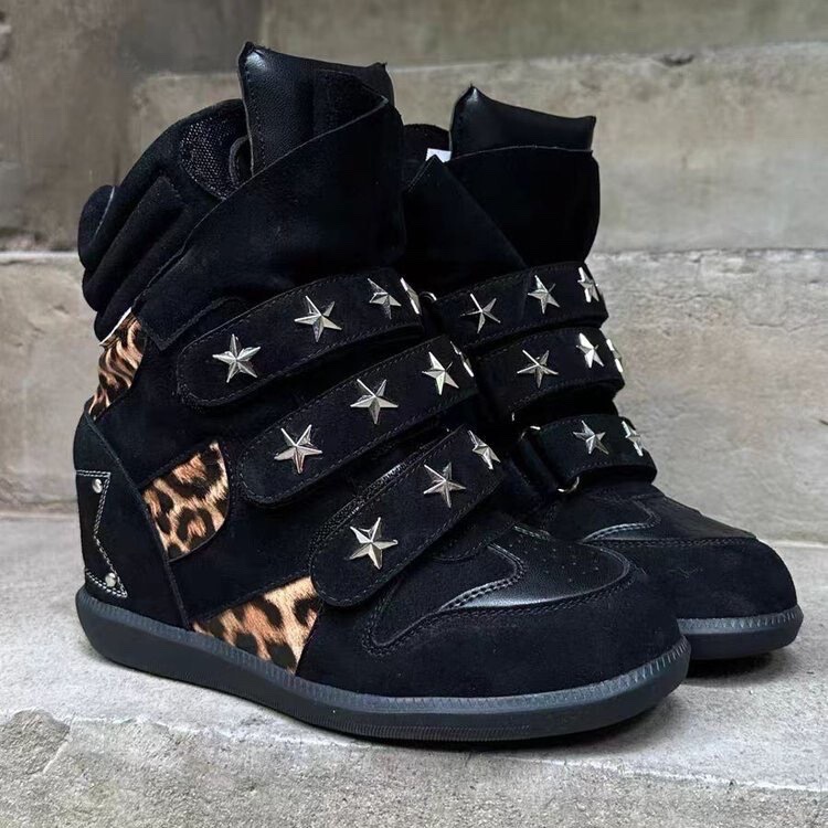 【Wild Leopard Shadow】Retro Leopard Print Leather Studded High-Top Thick-Soled Height-Increasing Wedge Women's Casual Sneakers