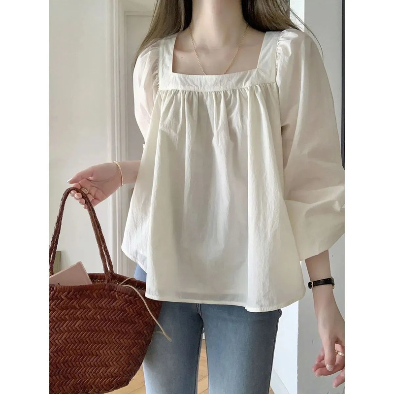 French Top Women's Tea Break Small Cold High-end Square Collar Shirt Chic Beautiful Niche Design Spring and Autumn
