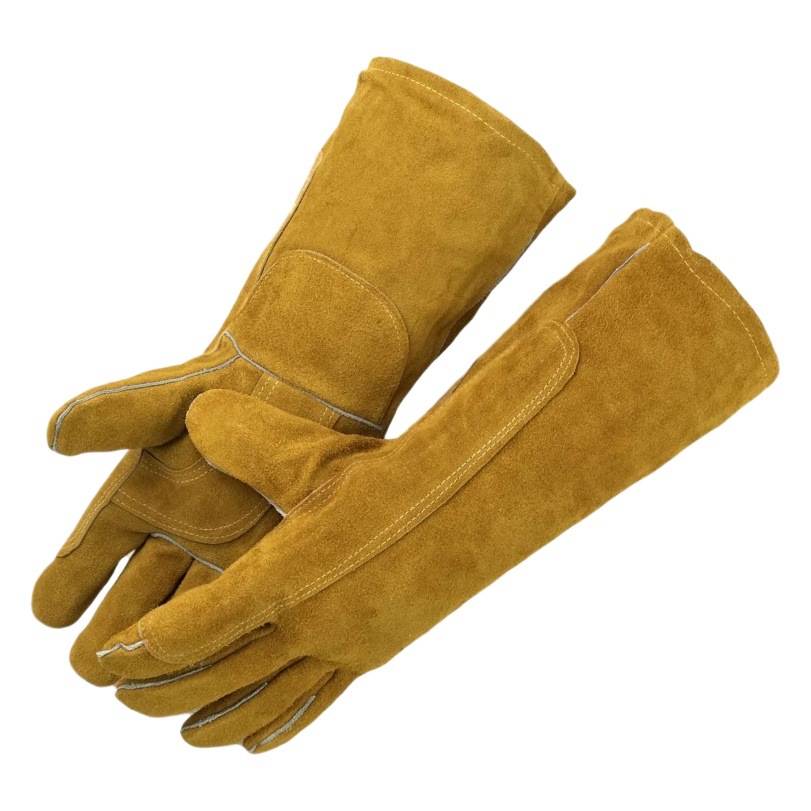 Guantes individuales de piel de vaca doble capa largos, para soldadura y protección laboral, anti-mordeduras de gatos y perros