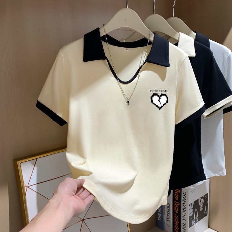 Pure Cotton Polo Shirt, Regular Shoulder Short-Sleeve T-Shirt for Women, Summer Popular Style, Plus-Size Slimming, Body-Covering, Patchwork, Fashionable Trendy Ins Top