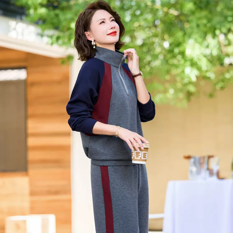 新款时尚宽松中年妈妈春秋百塔两件套妈妈装秋春冬装休闲运动套装