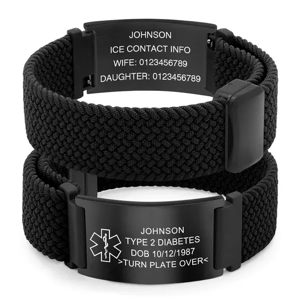 Medical Information Engraved Bracelet, Black Nylon Rope Woven Magnetic Watchband Bracelet, Woven Stainless Steel Curved Tag Bracelet