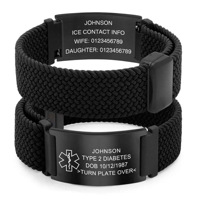Medical Information Engraved Bracelet, Black Nylon Rope Woven Magnetic Watchband Bracelet, Woven Stainless Steel Curved Tag Bracelet