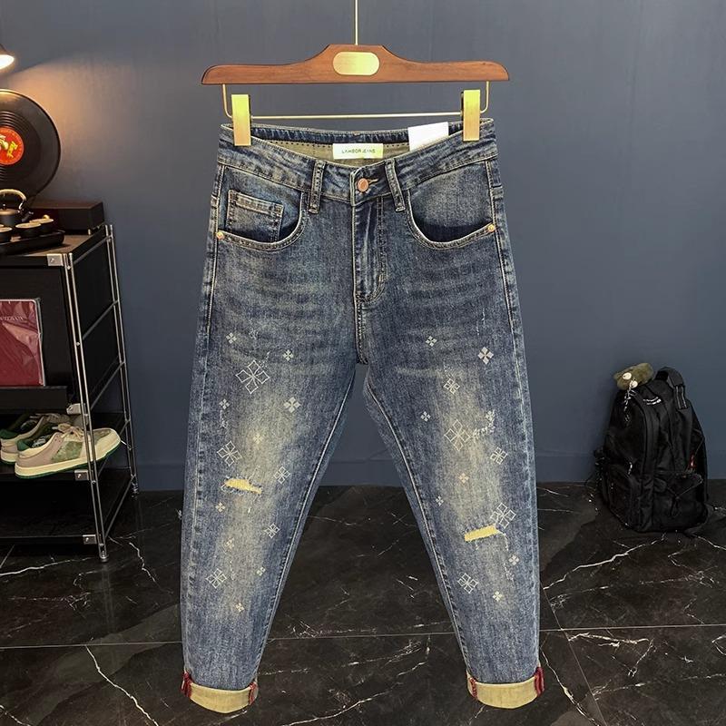 2025 New Men's Jeans Spring and Summer Slim Fit Pants Classy Stretch Blue Printed Ripped Nine-Point Pants