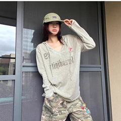【自家工厂现货】美式复古斑驳印花连帽上衣薄款宽松长袖防晒罩衫