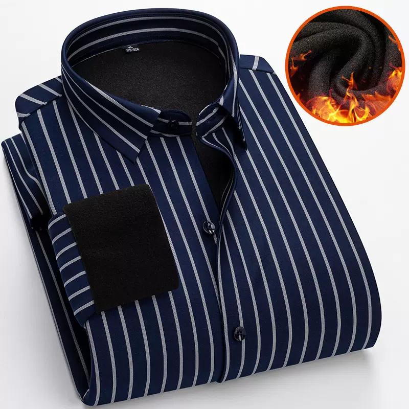 男士保暖内衣长袖加绒加厚衬衫高端条纹无痕免烫中青年男上衣男装