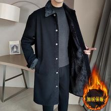 风衣大衣帅气中长款秋冬季潮流加厚翻领休闲外套加绒男士宽松牛仔