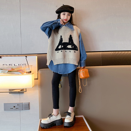 Spring Outfit 2024 New Fashionable and Trendy School Style Large Child Girl Set of Two Tops and Vests with Korean Style