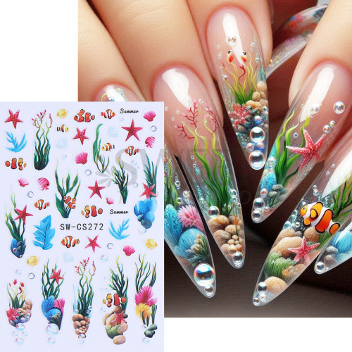 Cross-border New Nail Art Stickers Ins Summer Ocean Theme Seagrass Shell Fish Bubble Adhesive Nail Decal
