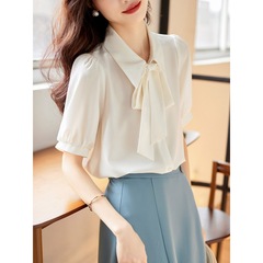 **2025煙藍色雪紡短袖襯衫女夏小個子垂感韓系飄帶上衣溫柔風