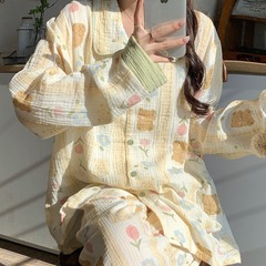日本系ベアーのプリントパジャマ女性春と秋の純綿の薄いサイズのゆったりした大きいサイズの長袖カーディガンの家庭服セット
