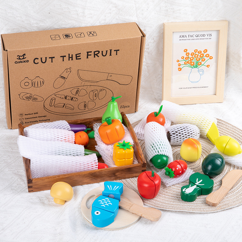 Weiweihu niños de madera con hebilla magnética, rompecabezas de frutas y verduras, pan, simulación de bricolaje, juguetes educativos de música de corte