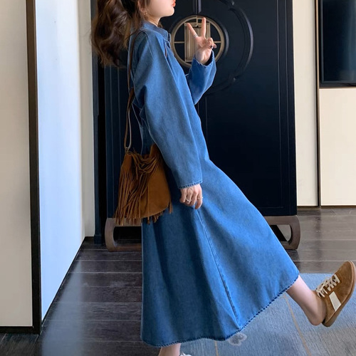 Women's Fashionable Vintage Long-Sleeve Dress for Spring and Autumn, Slimming, Small-Scale Cowboy Style, French Tea Party Trend