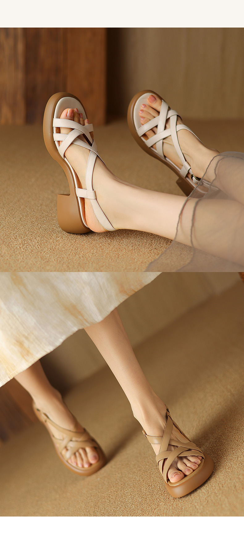 Sandal nữ quai ngang da bò đế xuồng gót cao phong cách La Mã — nâu chi tiết 10