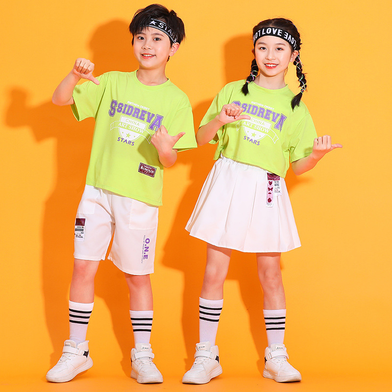 Green jazz dance costumes rapper singers hiphop jazz dance outfits for boys girls street children elementary school students games performance clothes