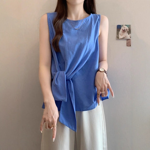 Summer Plus Size Fat mm Korean Style Simple Elegant Slimming Look Asymmetrical Twist Waist Vest Top Women's Sleeveless Vest