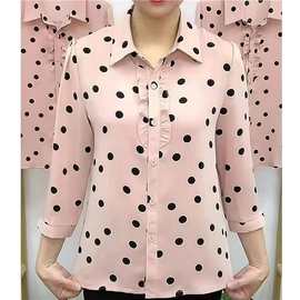 衬衫女春夏新款波点翻领时尚木耳长袖中老年妈妈装休闲宽松上衣
