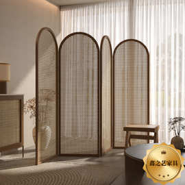 复古风实木藤编折屏遮挡隔断名宿酒店办公室可折叠简约隔断