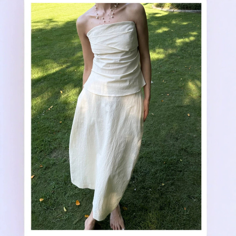Natural Textured Cotton-Linen Stretchy Asymmetrical Pleated Design Tube Top, Direct from the Manufacturer