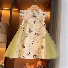 洋氣女童飛袖國風熊貓網紗連衣裙2024夏季新款盤扣印花氣質裙子潮