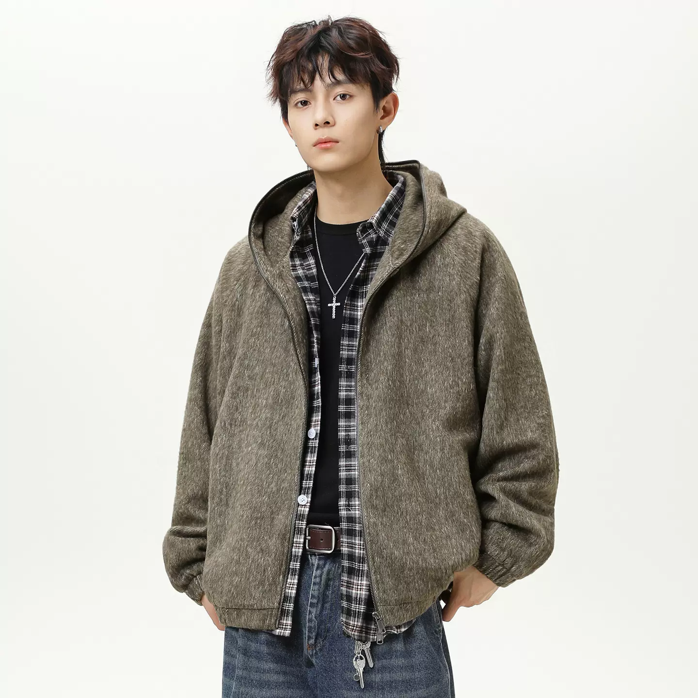 慵懒风马海毛连帽外套男秋冬廓形宽松毛呢夹克美式复古开衫卫衣q