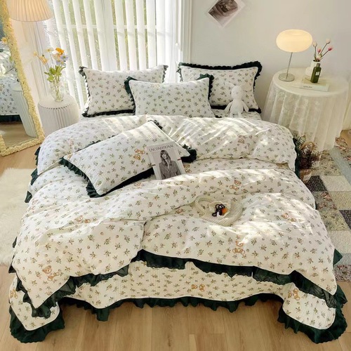French retro style cotton quilted bed cover four-piece set single bed cover pillowcase lace bedding three-piece set cross-border