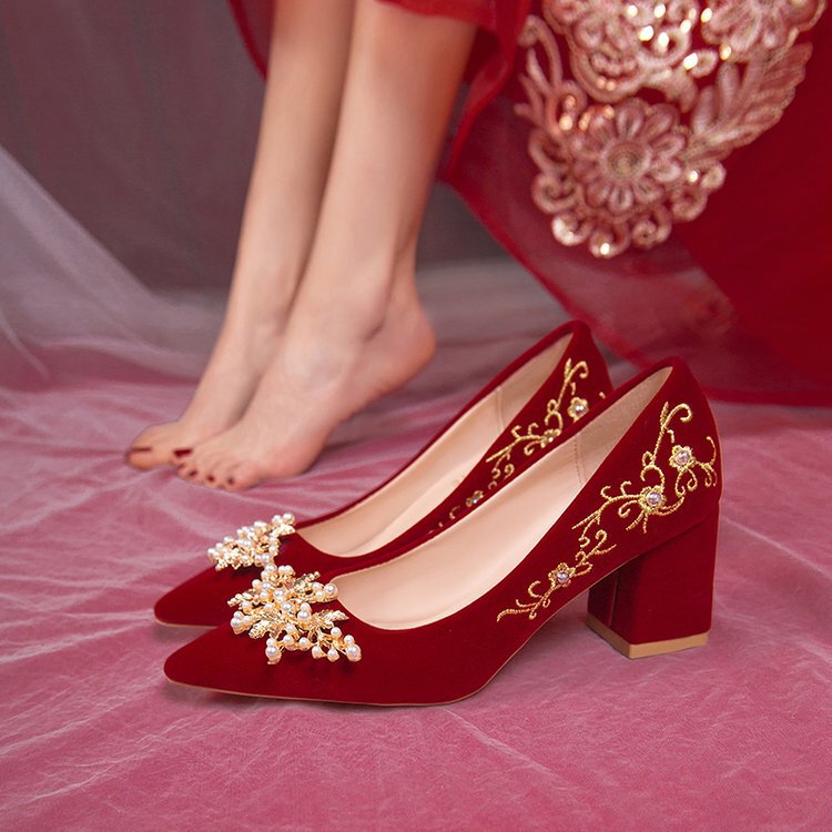 Wedding Shoes Bridal Shoes Xiuhe Wedding Dress Two-Wear 2023 New Rhinestone Chinese Red Pointed Toe High Heels for Pregnant Women