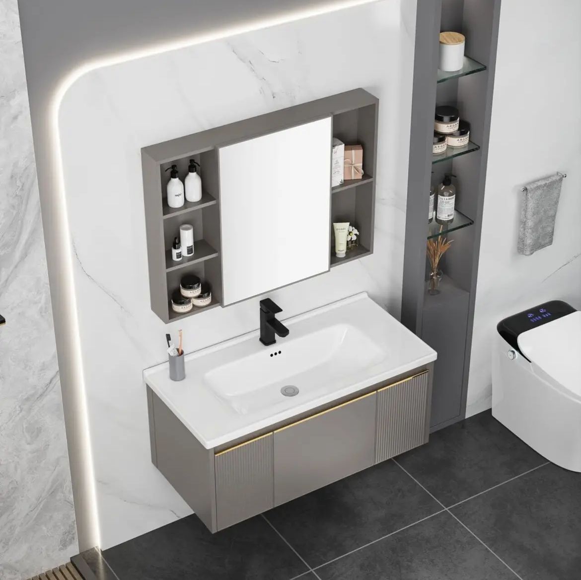 Nuevo espacio de aluminio gabinete de baño combinación de cuenca baño integrado lavabo inteligente espejo gabinete