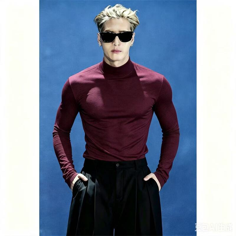 Jackson Wang's same style 280G long-sleeve men's T-shirt for spring wear, half-high collar base shirt, slim-fit top
