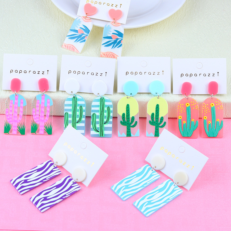 Drop Earrings Classification 1 Pair Fashion Cactus Stripe Heart Shape Patchwork Arylic Drop Earrings