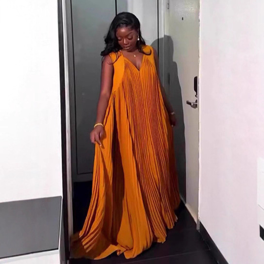 Women's Clothing Plus Size Women's Summer Fashion Loose Pleated Full Skirt American Style African Print Dress_voghion.com