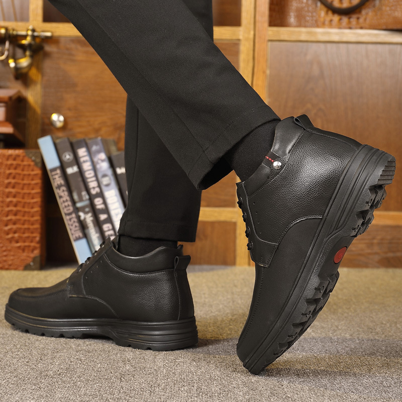 Cotton canvas shoes for men, genuine leather winter lined, warm, for the elderly, woolen high-top, anti-slip, thick, for dad, middle-aged and elderly men's cotton shoes