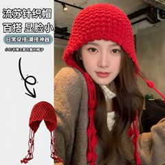 冬天手工编织红色流苏帽子女民族风时尚复古显脸小针织毛线帽冬季