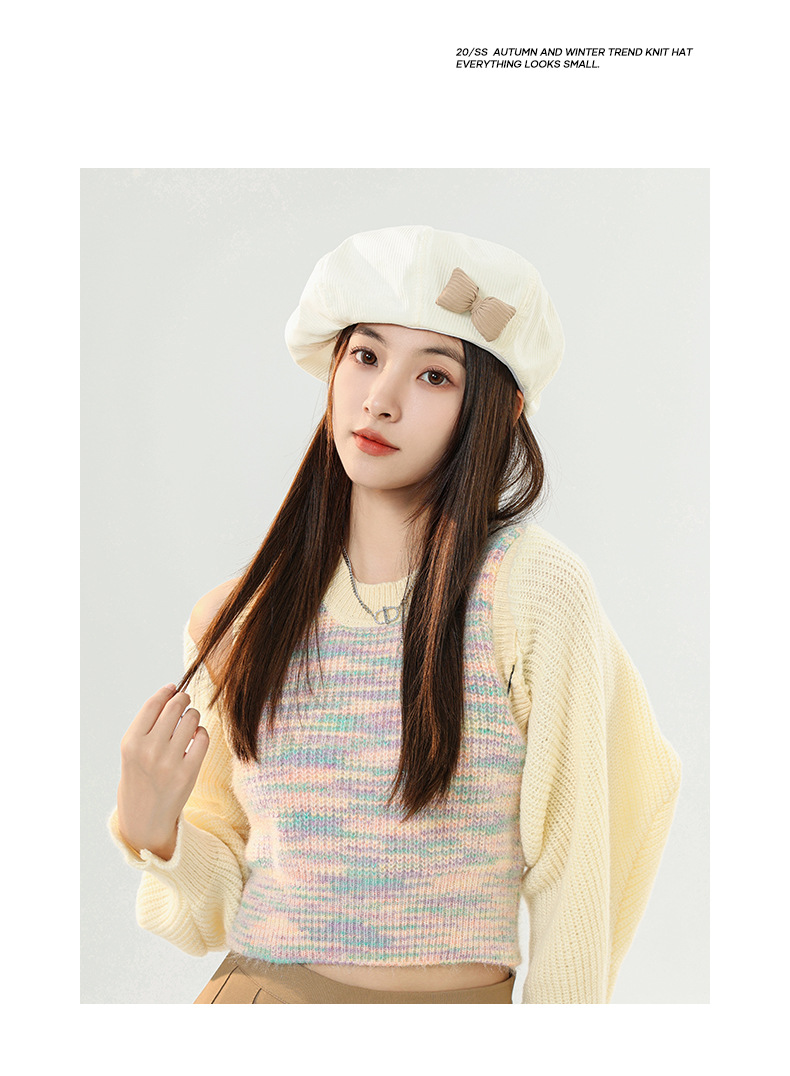 Hat female autumn and winter solid color bow beret parent-child Korean version white sweet bud hat retro painter hat_voghion.com