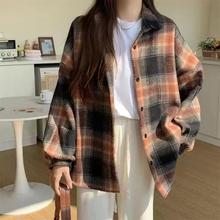 磨毛加厚毛呢格子衬衫女宽松中长款秋冬季新款港味百搭衬衣外套潮