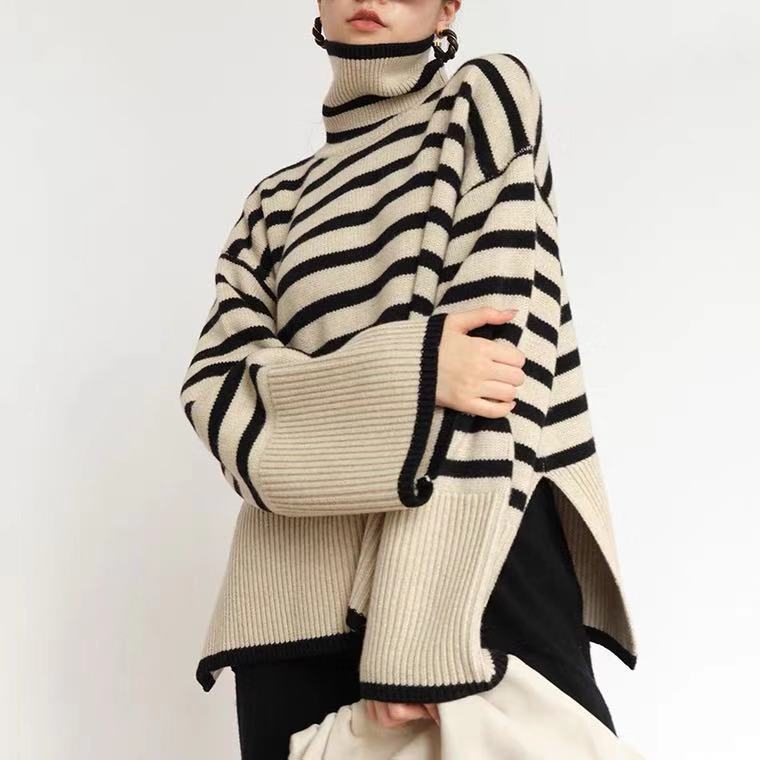 Korean Style Contrast Stripesd Turtleneck Pullover Sweater for Women's Outer Wear Autumn and Winter New Loose Lazy Style Slit Knitted Top