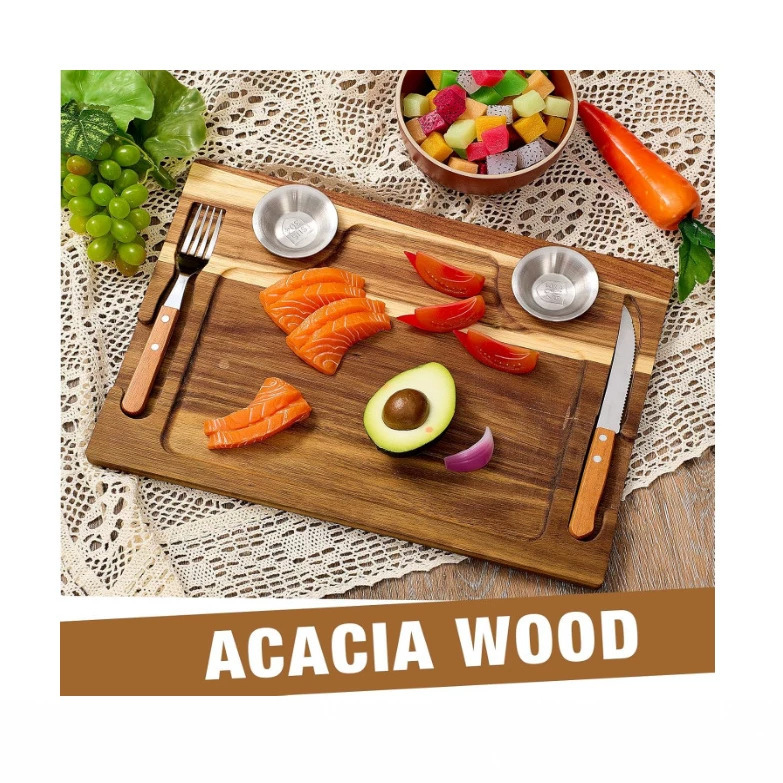 Cross-Border Acacia Wood Cutting Board Knife and Fork Set for Home Kitchen, Cutting Board for Western Cuisine, Steak Plate, Multifunctional Solid Wood Dinner Plate