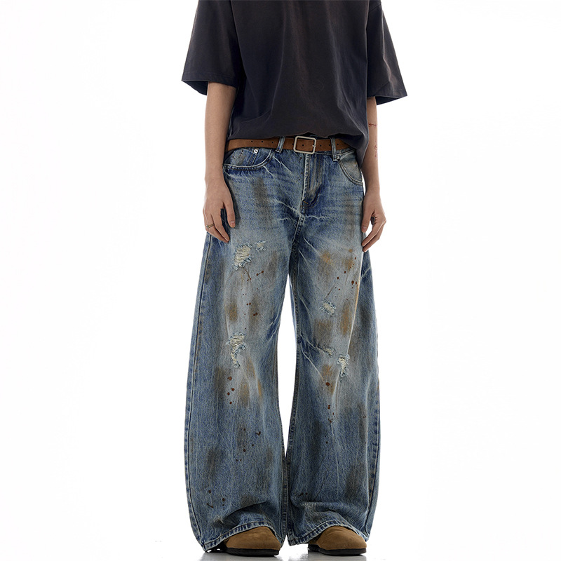 Japón retro hacer viejos agujeros de diseño de tinta vaqueros lavados en agua para hombres y mujeres calles altas de piernas anchas calles altas de nicho