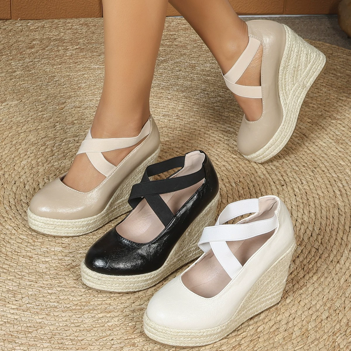 Внешняя торговля трансграничные туфли на каблуке женские новые весенние и осенние мягкие травяные туфли с толстой подошвой женские туфли с неглубоким ртом крест-резинка