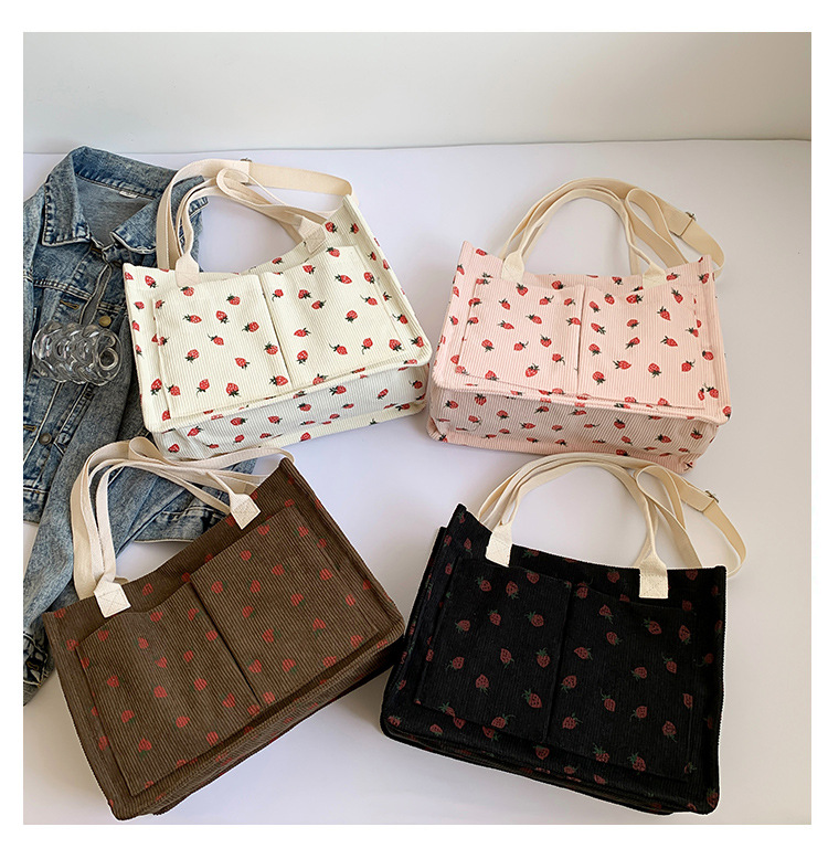 300g Weight Polyester Lining Material Zipper Closure Type Single Shoulder Strap Strap Type Tote Bag Bags Type Casual, School Occasion Corduroy Material Solid Color, Strawberry Pattern All Seasons Season Women's Gender Basic, Classic Style Style Square Shape Large Size Women's Large Corduroy Solid Color Strawberry Basic Classic Style Square Zipper Tote Bag 1