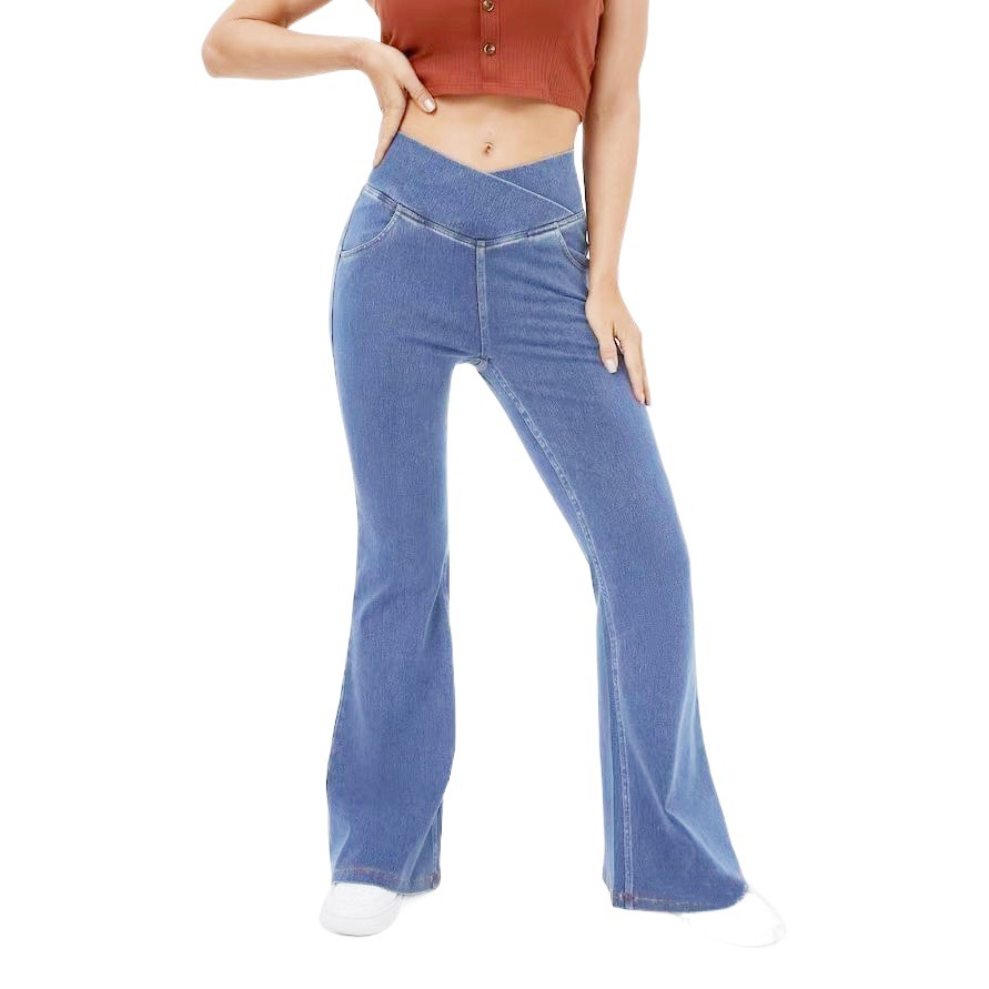 Pantalones acampanados de imitación de mezclilla de alta calidad para Amazon 2025, pantalones acampanados de estilo europeo y americano que realzan la figura, estilo elegante.
